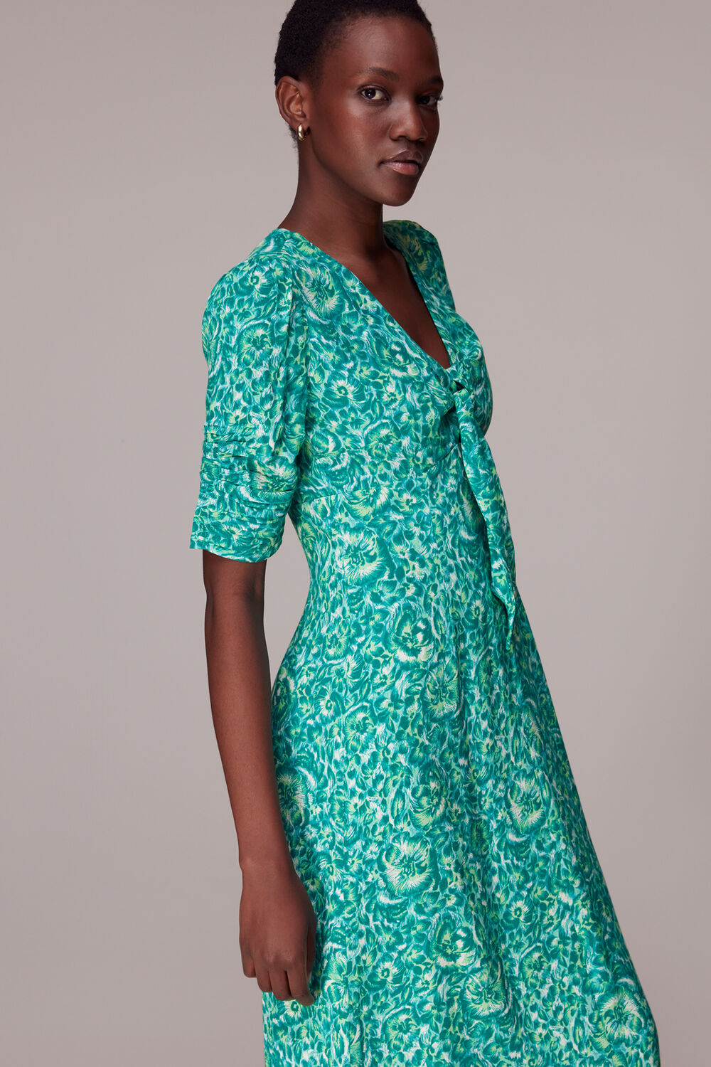 Green Clouded Floral Tie Midi Dress