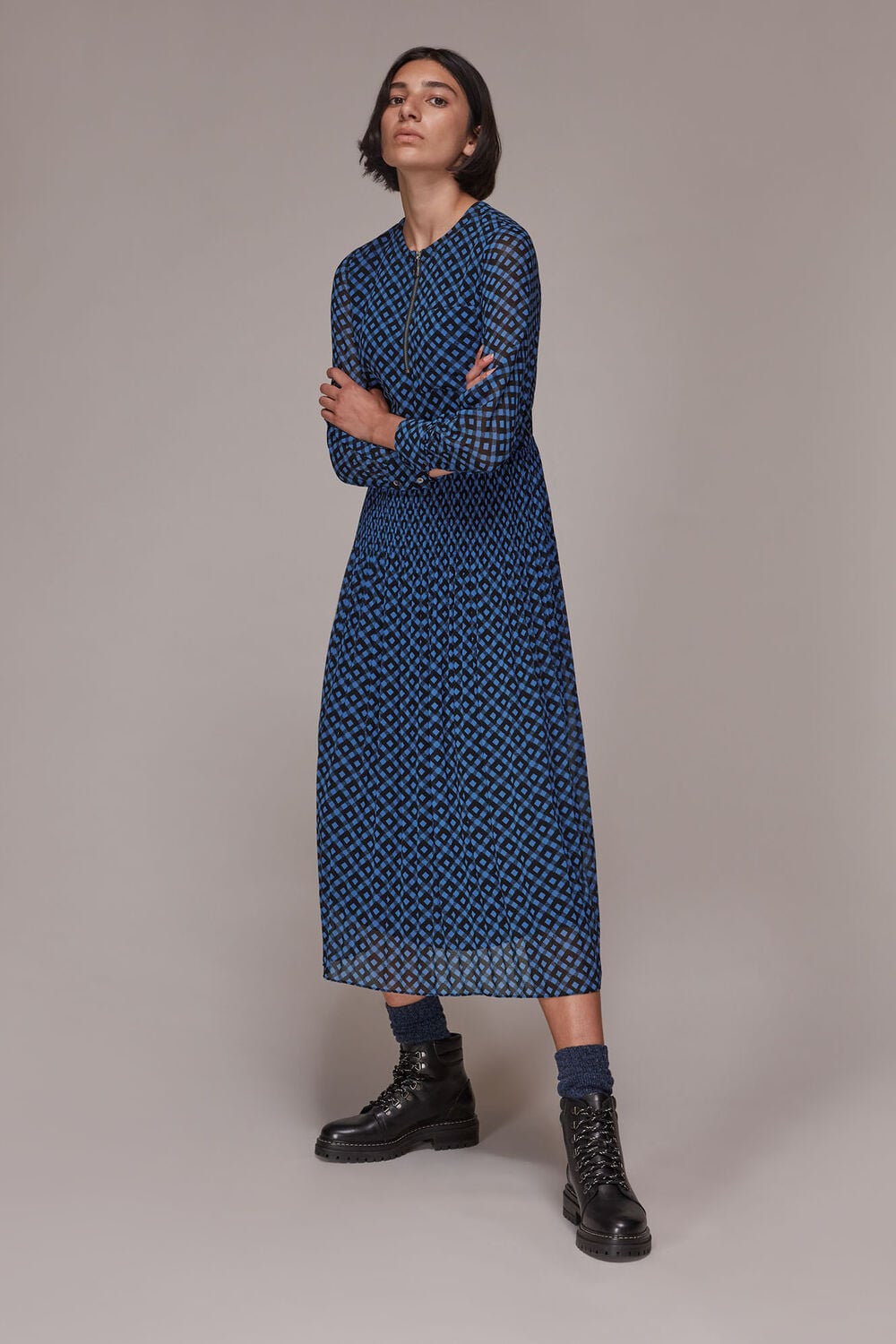 Black Gingham Check Pleated Dress
