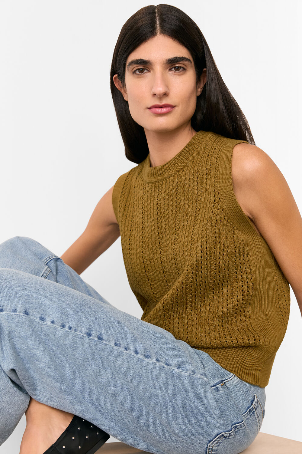 Olive Pointelle Knitted Tank