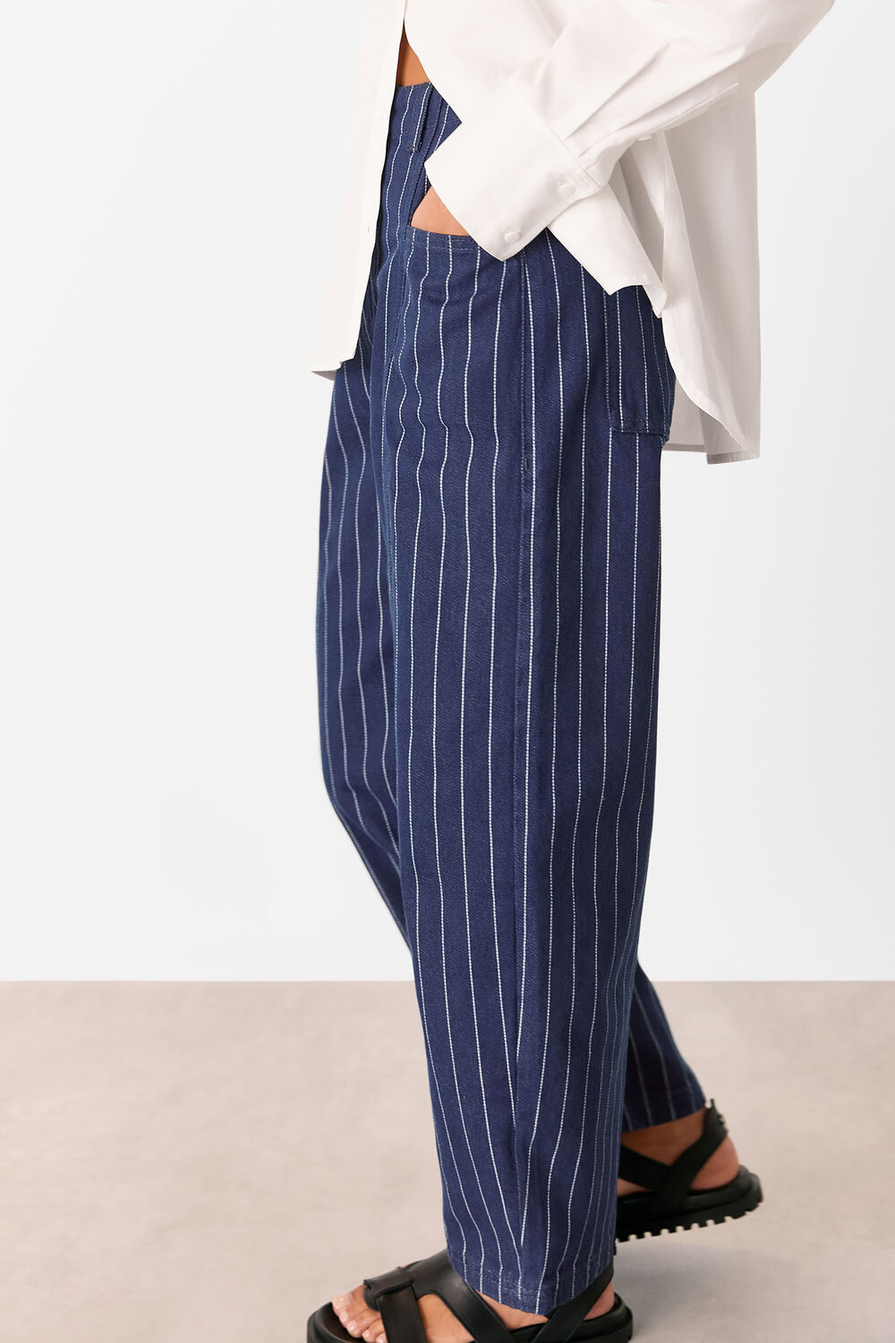 Navy Petite Pinstripe Barrel Leg Jean