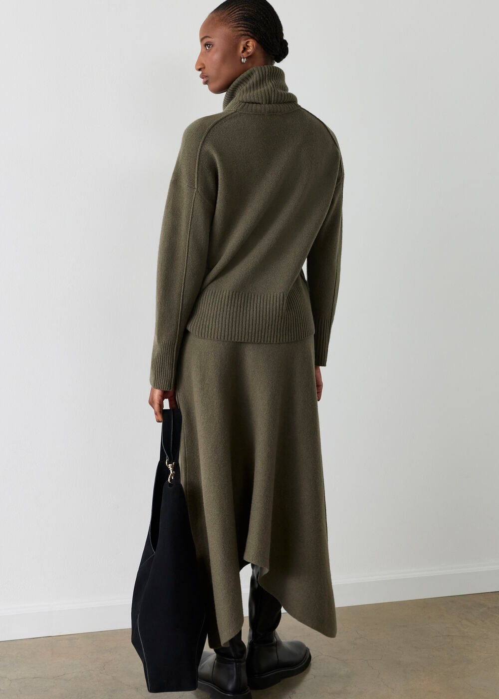 Khaki Asymmetric Hem Wool Knit Skirt