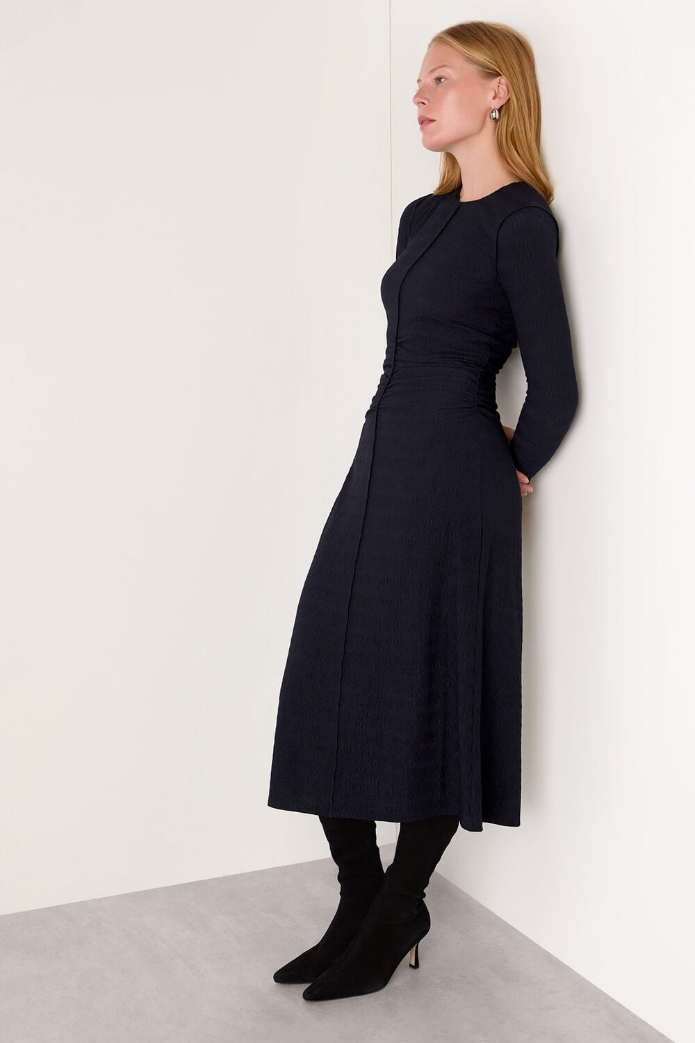 Navy Textured Jersey Ruched Dress