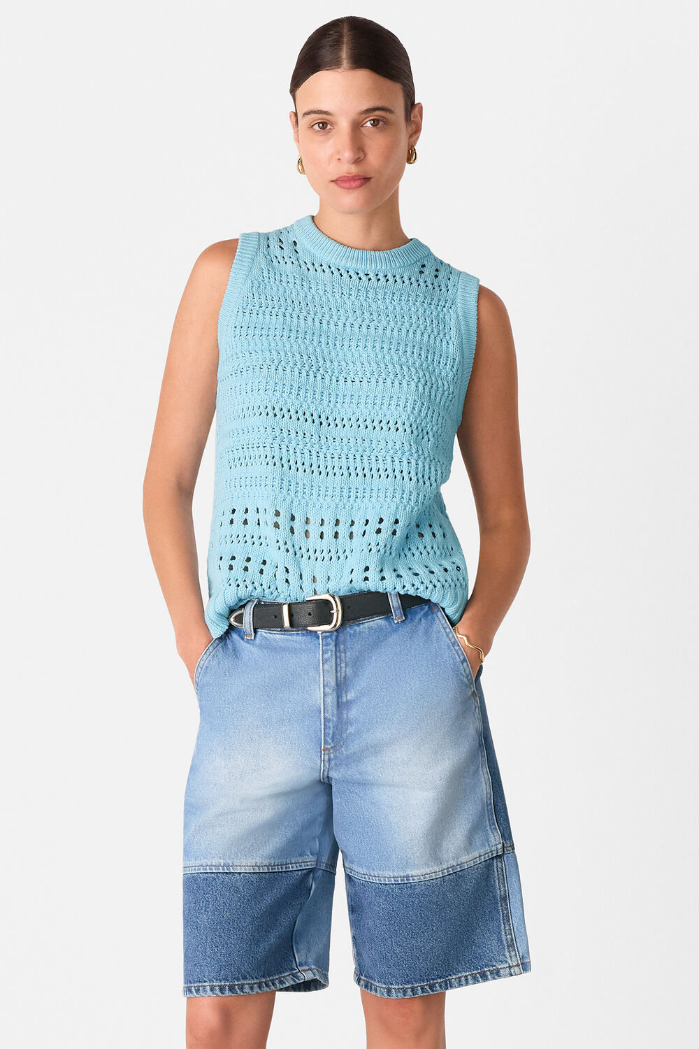 Blue Chunky Cotton Pointelle Tank