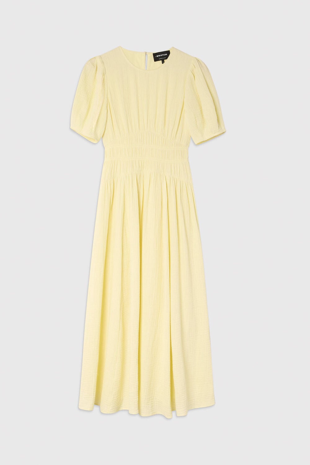 Yellow Shirred Cheesecloth Midi Dress