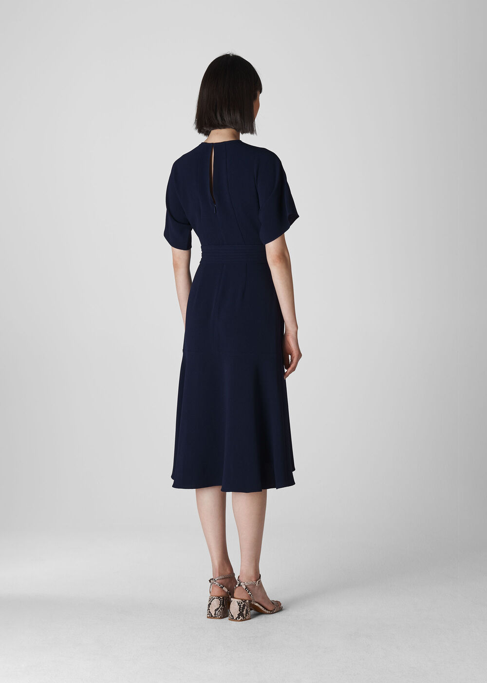 Textured Belted Midi Dress Navy