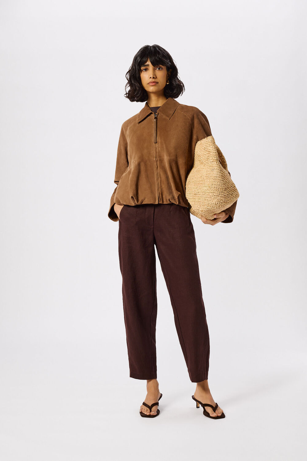 Brown Linen Barrel Leg Trouser