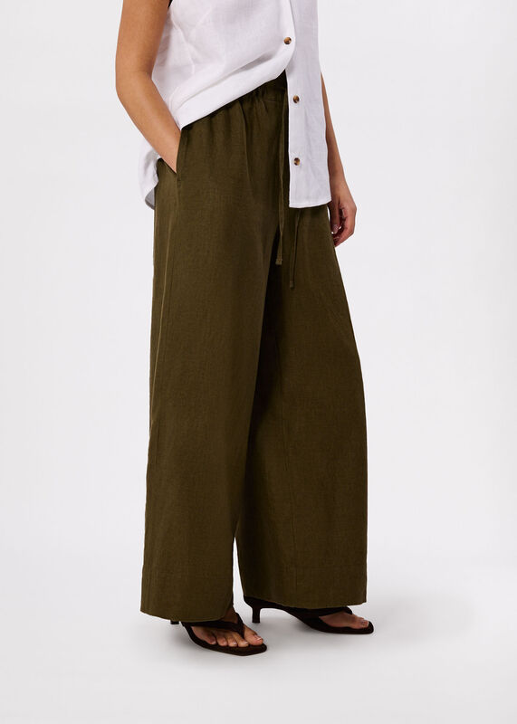 Khaki Petite Elasticated Linen Crop Trouser
