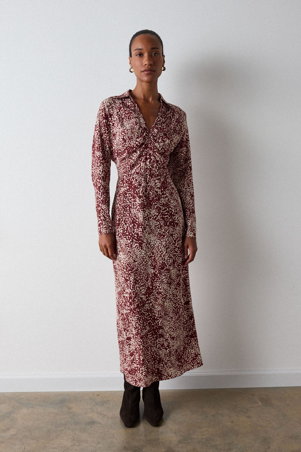 Burgundy Feathered Animal Shirt Dress