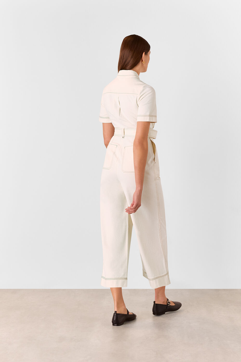 Denim Pintuck Belted Jumpsuit