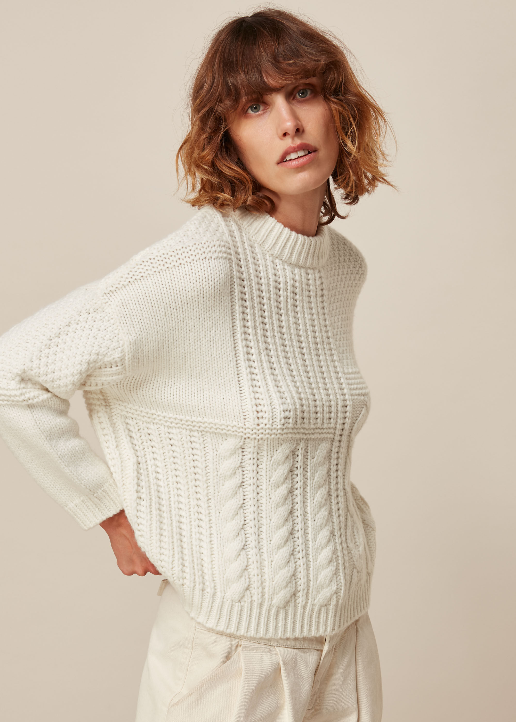 Patchwork Cable Knit Cardigan White S