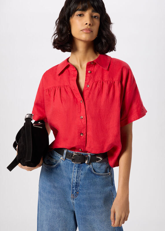 Red Gathered Linen Shirt