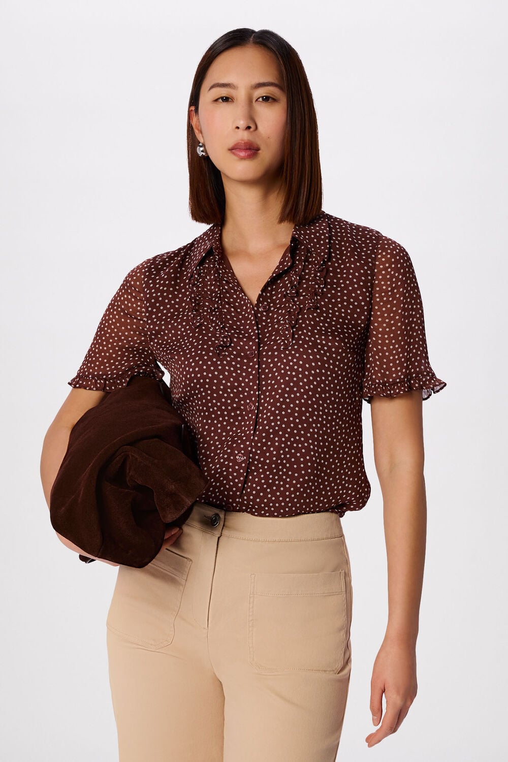 Brown Polka Dot Sheer Sleeve Shirt