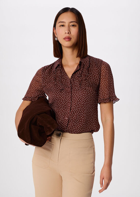 Brown Polka Dot Sheer Sleeve Shirt