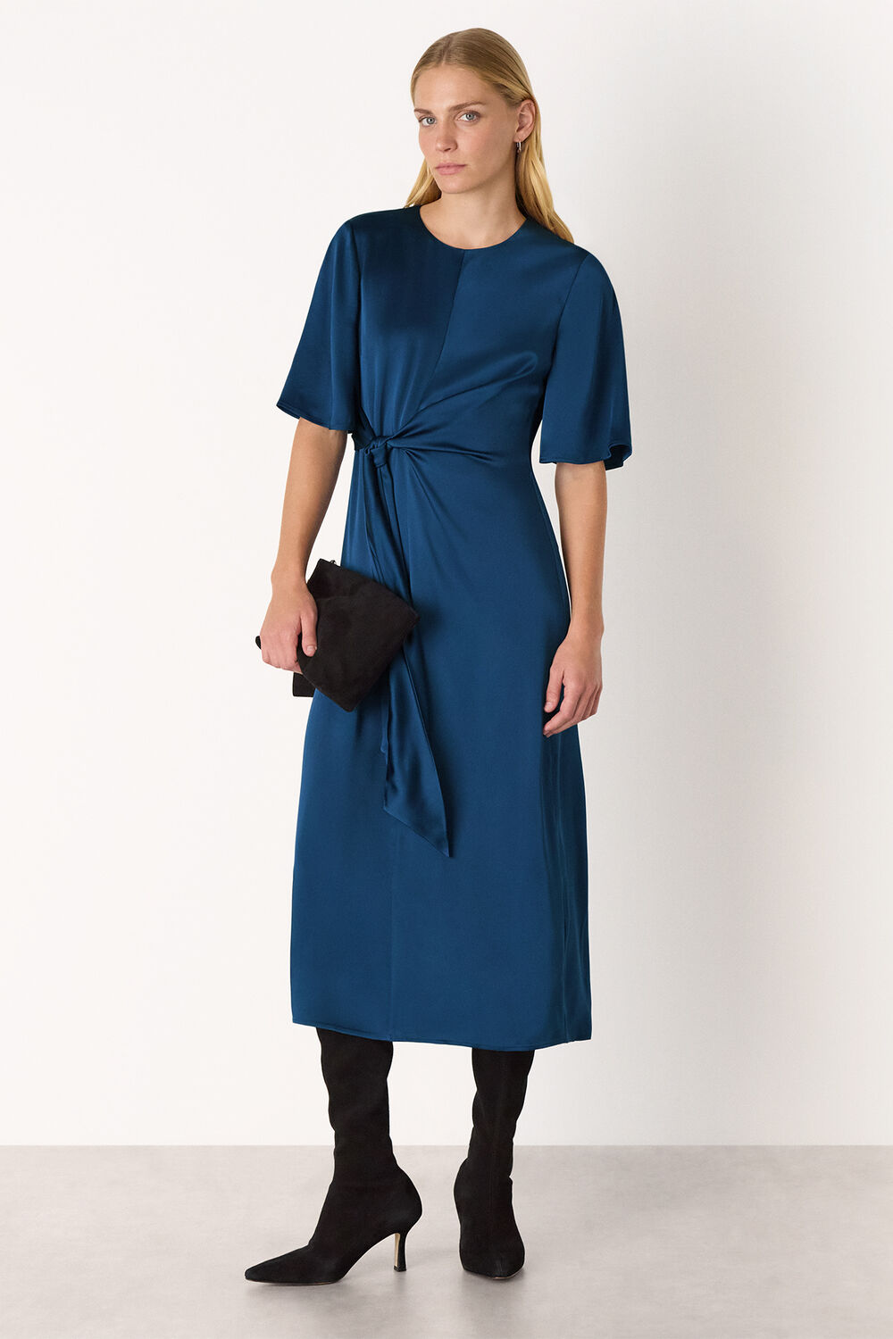 Blue Satin Twist Waist Midi Dress