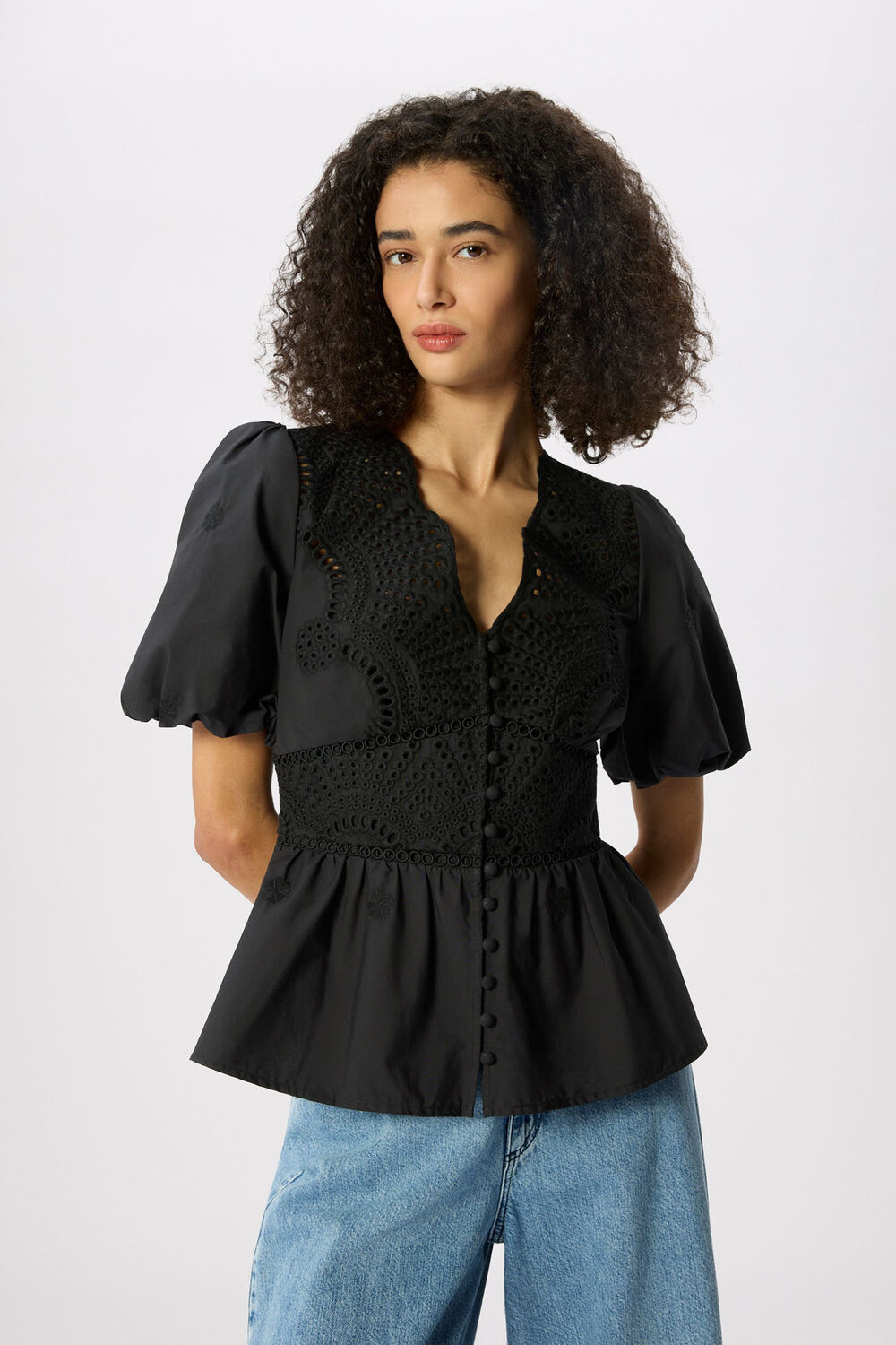 Black Cotton Broderie V Neck Blouse