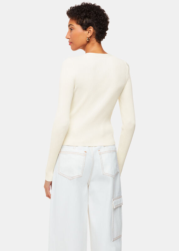 Ivory Ribbed V neck Cardigan