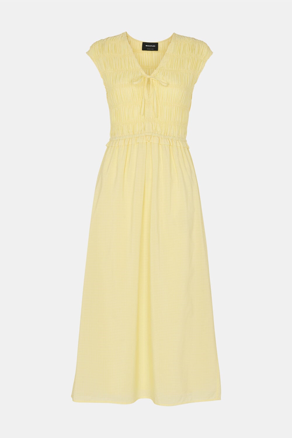 Lemon Shirred Bodice V Neck Dress