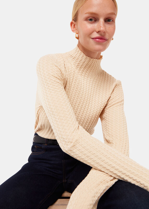 Ivory Textured High Neck Sweater
