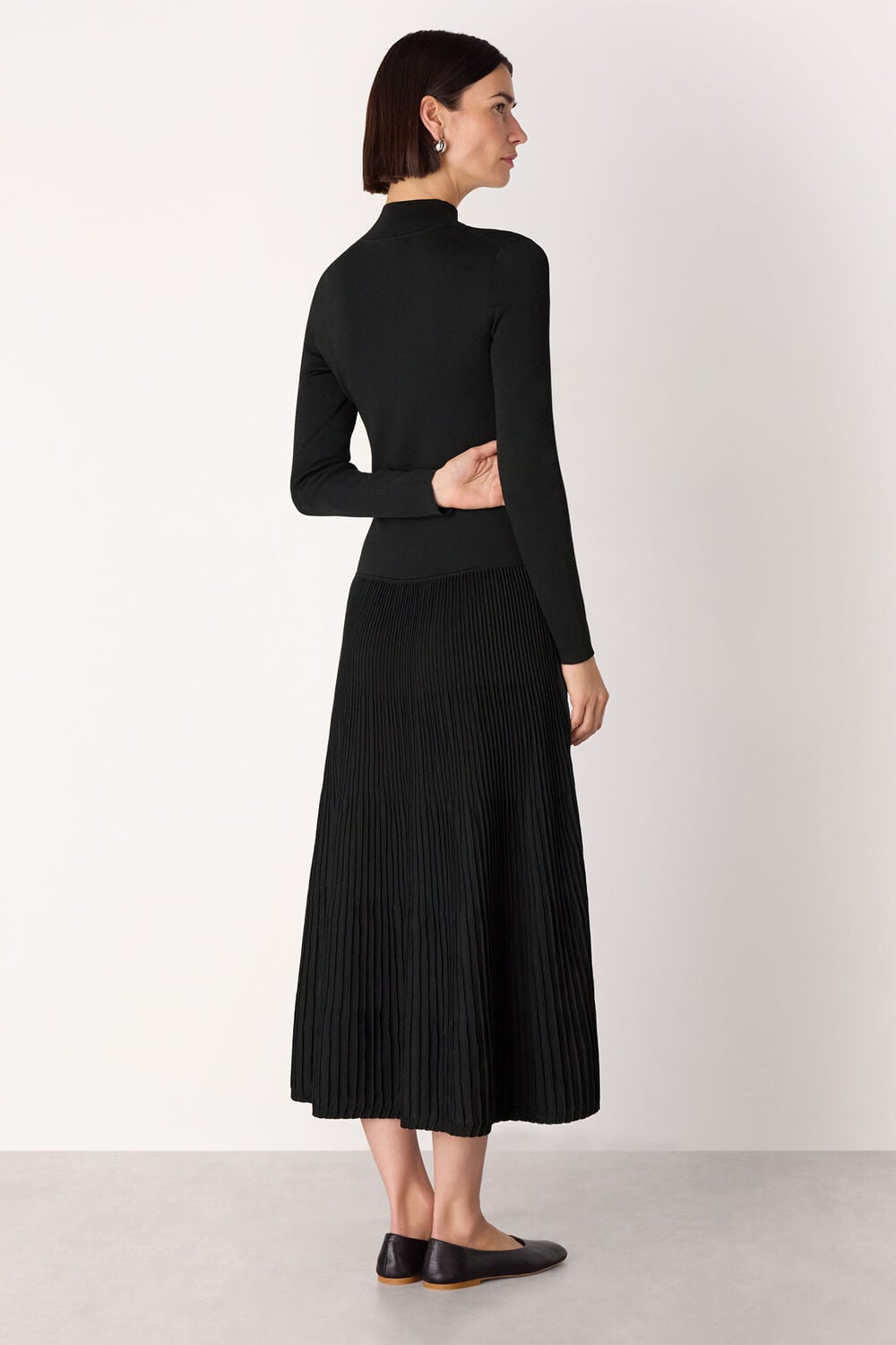 Black Funnel Neck Pleated Knit Dress