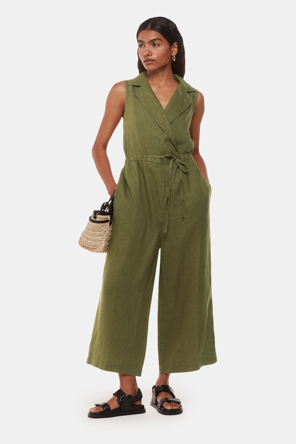 Khaki Petite Bella Linen Wrap Jumpsuit