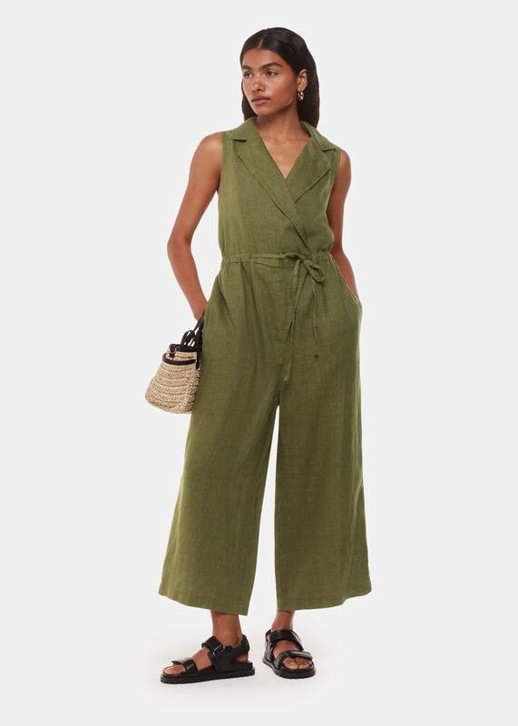 Khaki Petite Bella Linen Wrap Jumpsuit