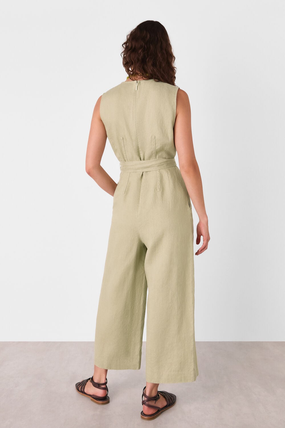 Neutral Belted Seamed Linen Jumpsuit