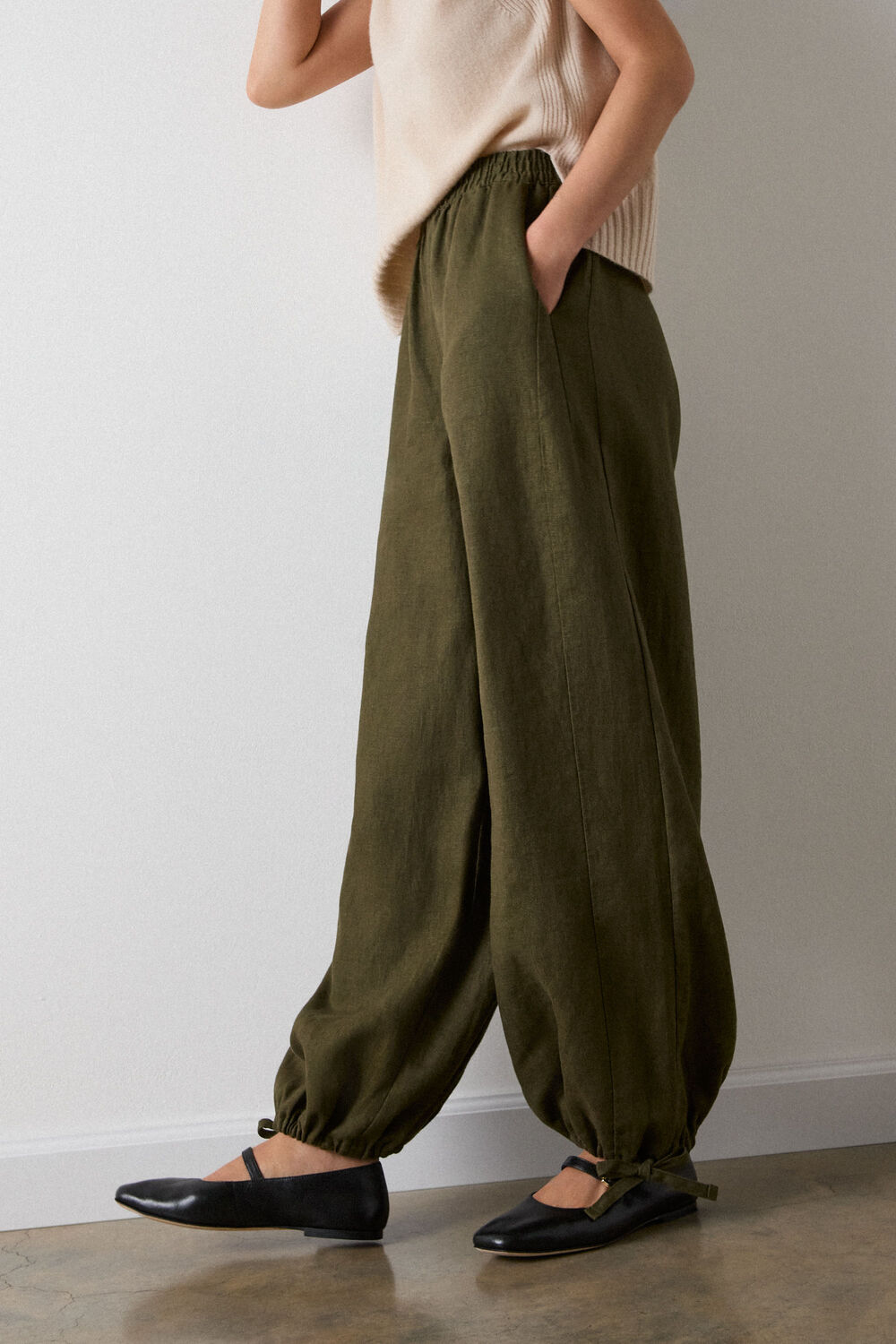 Khaki Linen Balloon Hem Trousers