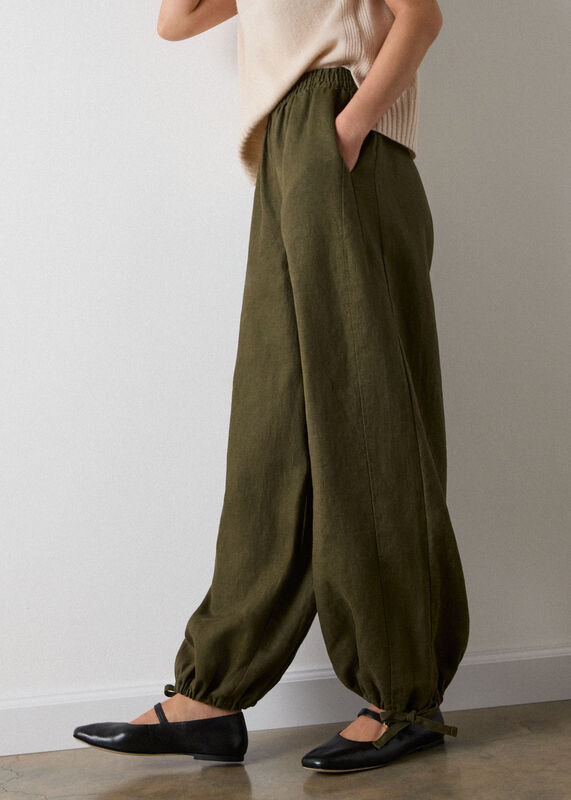 Khaki Linen Balloon Hem Trousers
