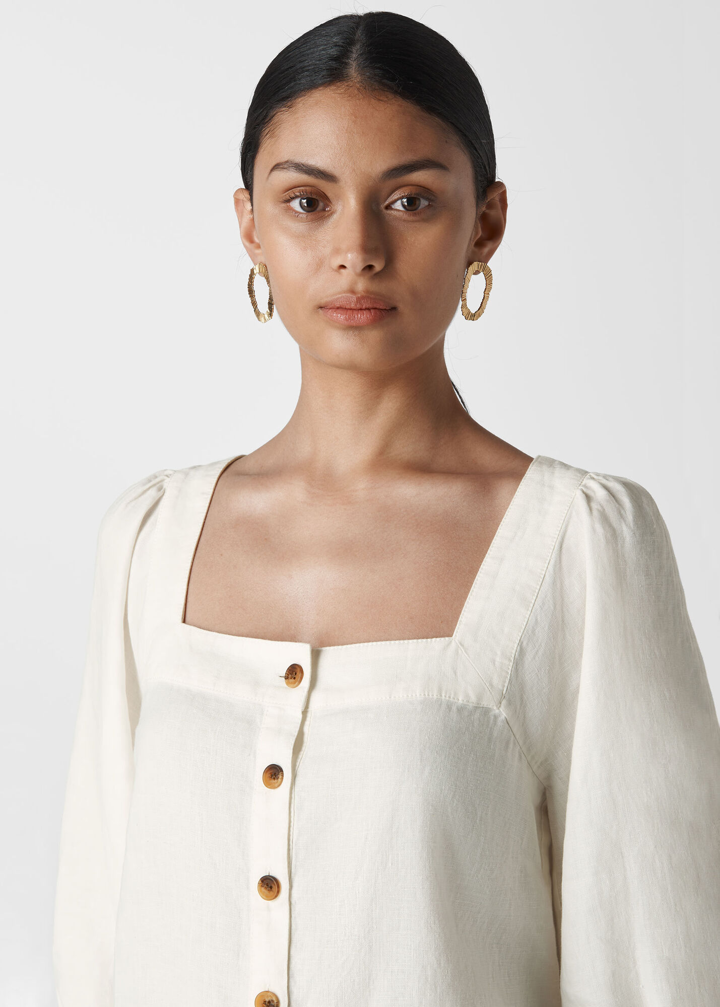 Puff Sleeve Linen Blouse with Square Neckline and Adjustable Waist Tie Detail