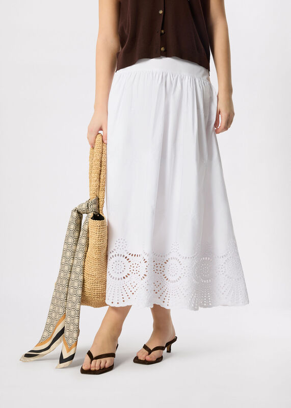 White Broderie Cotton Midi Skirt