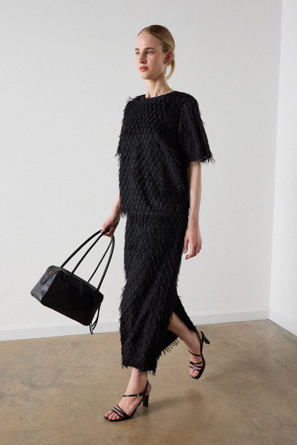 Black Fringe Textured Midi Skirt