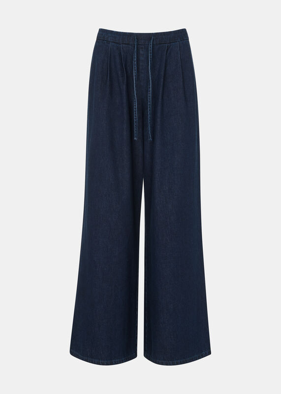 Dark Denim Petite Cotton Wide Leg Pleat Trouser