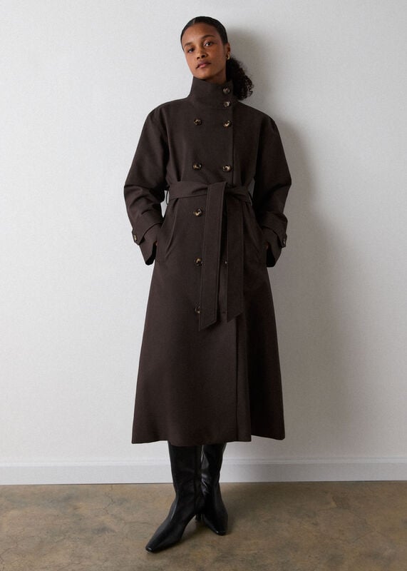 Brown Funnel Neck Trench Coat