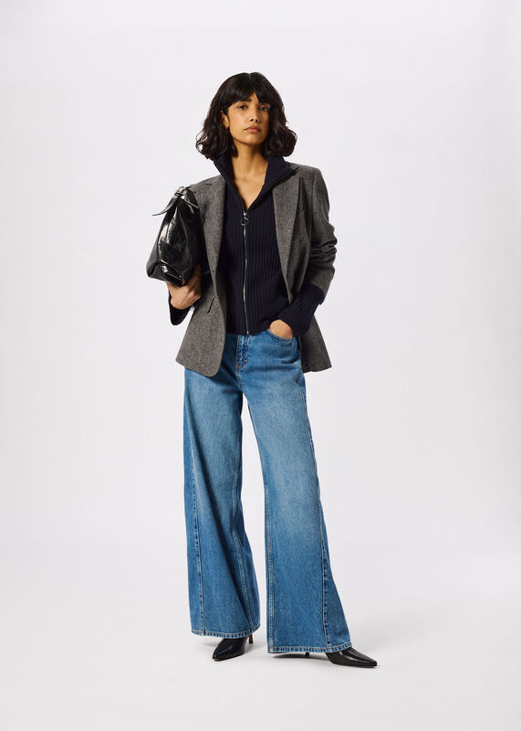 Grey Herringbone Wool Blend Blazer