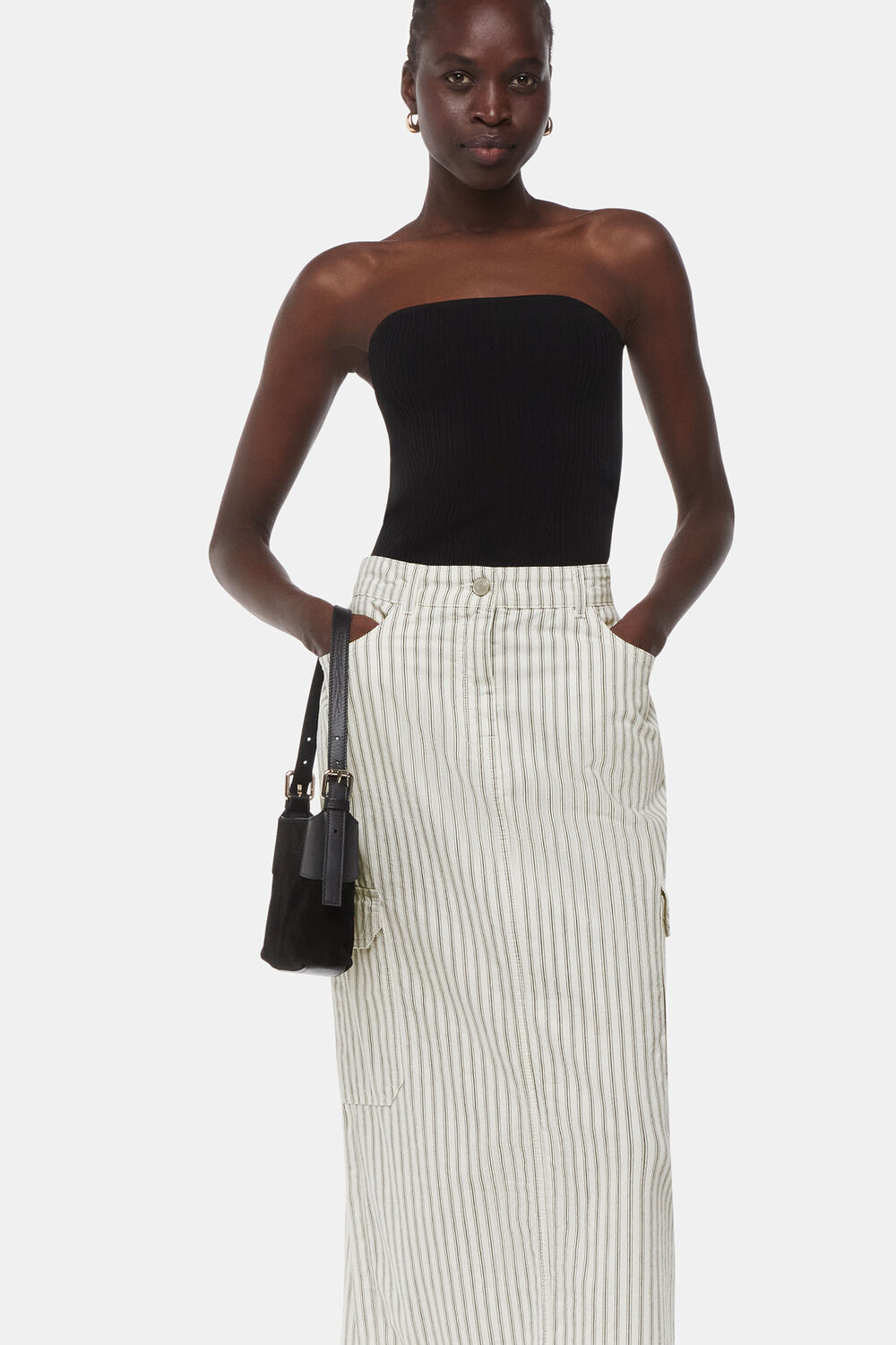 White Stripe Cargo Midi Skirt