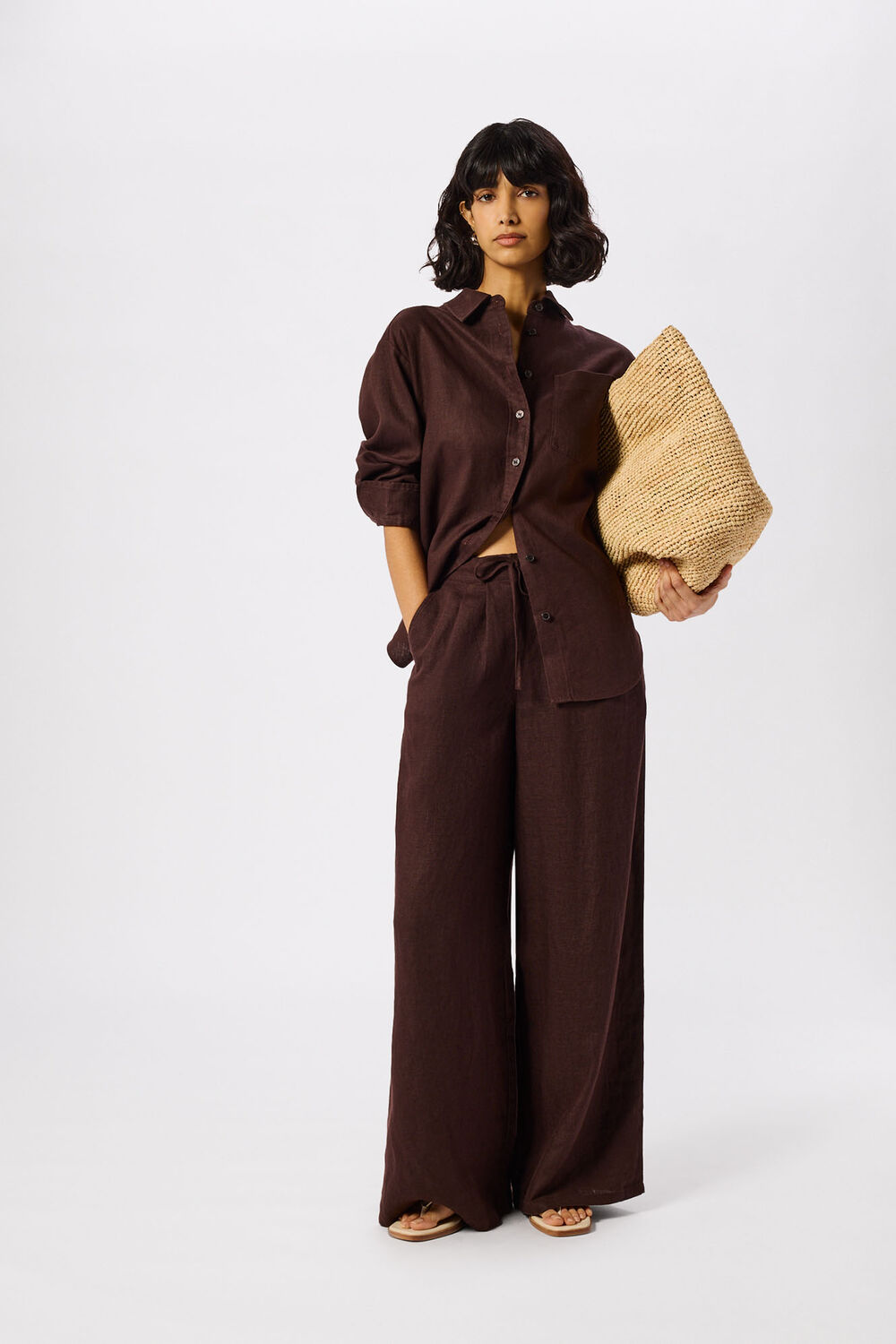 Brown Petite Wide Leg Linen Trouser