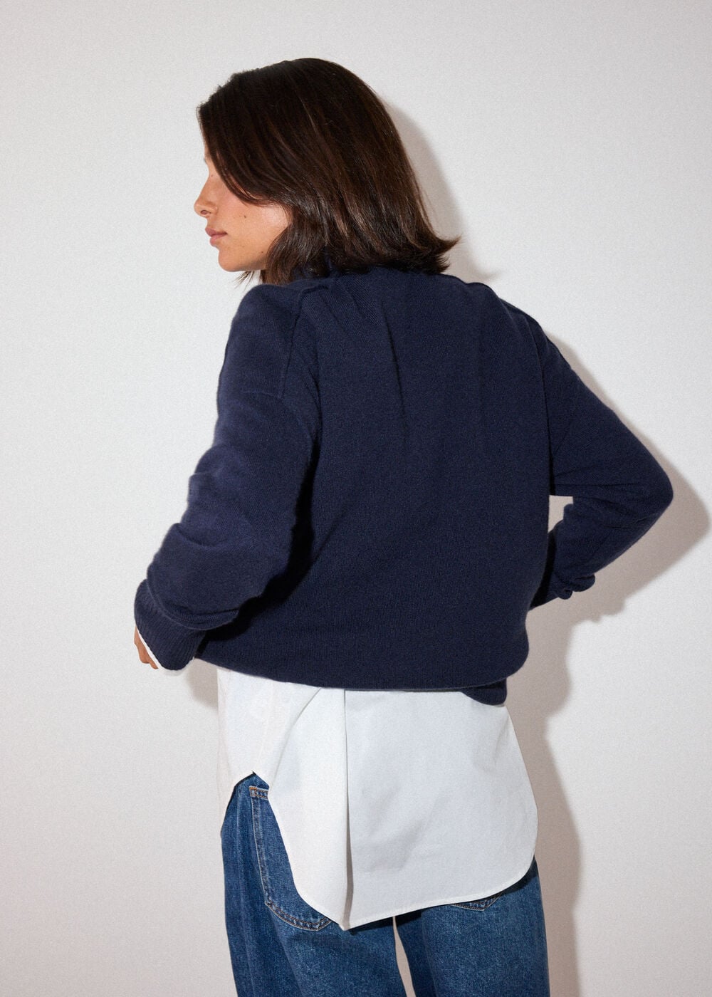Navy Cashmere Seam Detail Crew Knit