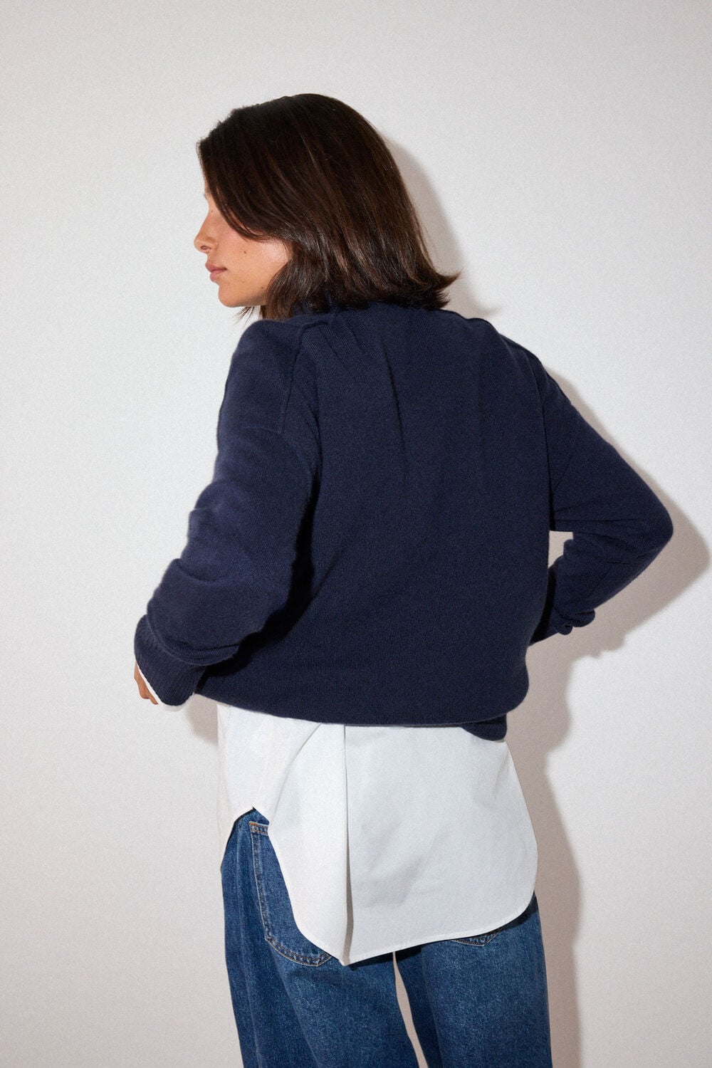 Navy Cashmere Seam Detail Crew Knit