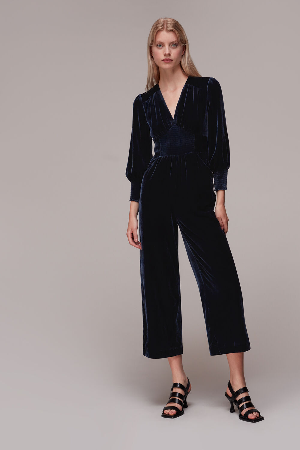 Navy Maisey Shirred Velvet Jumpsuit