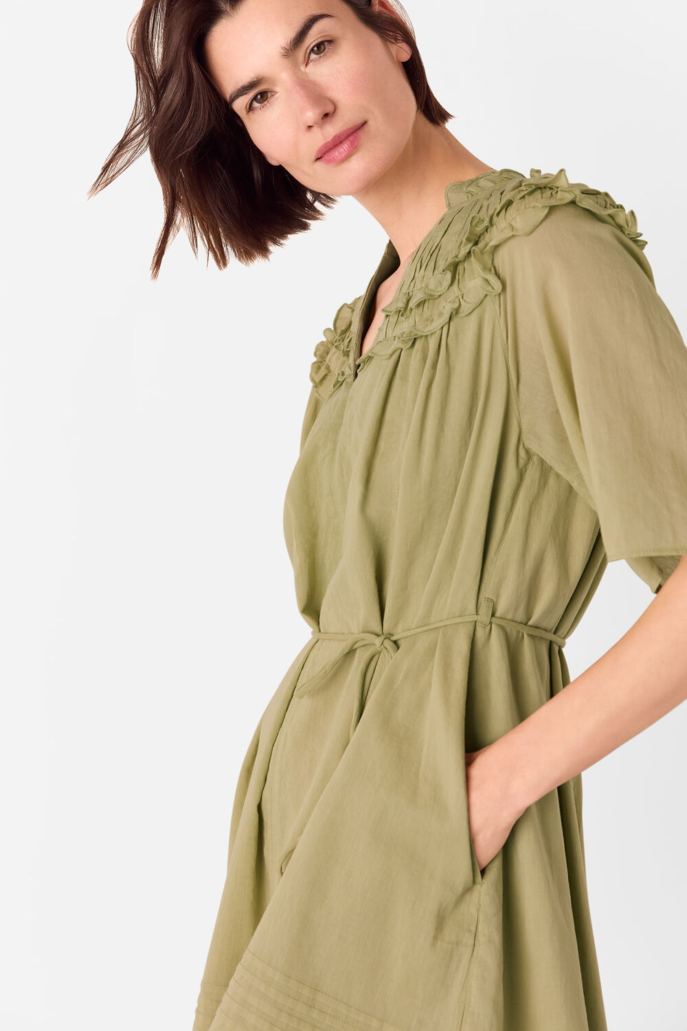 Khaki Cotton Frill Mini Dress