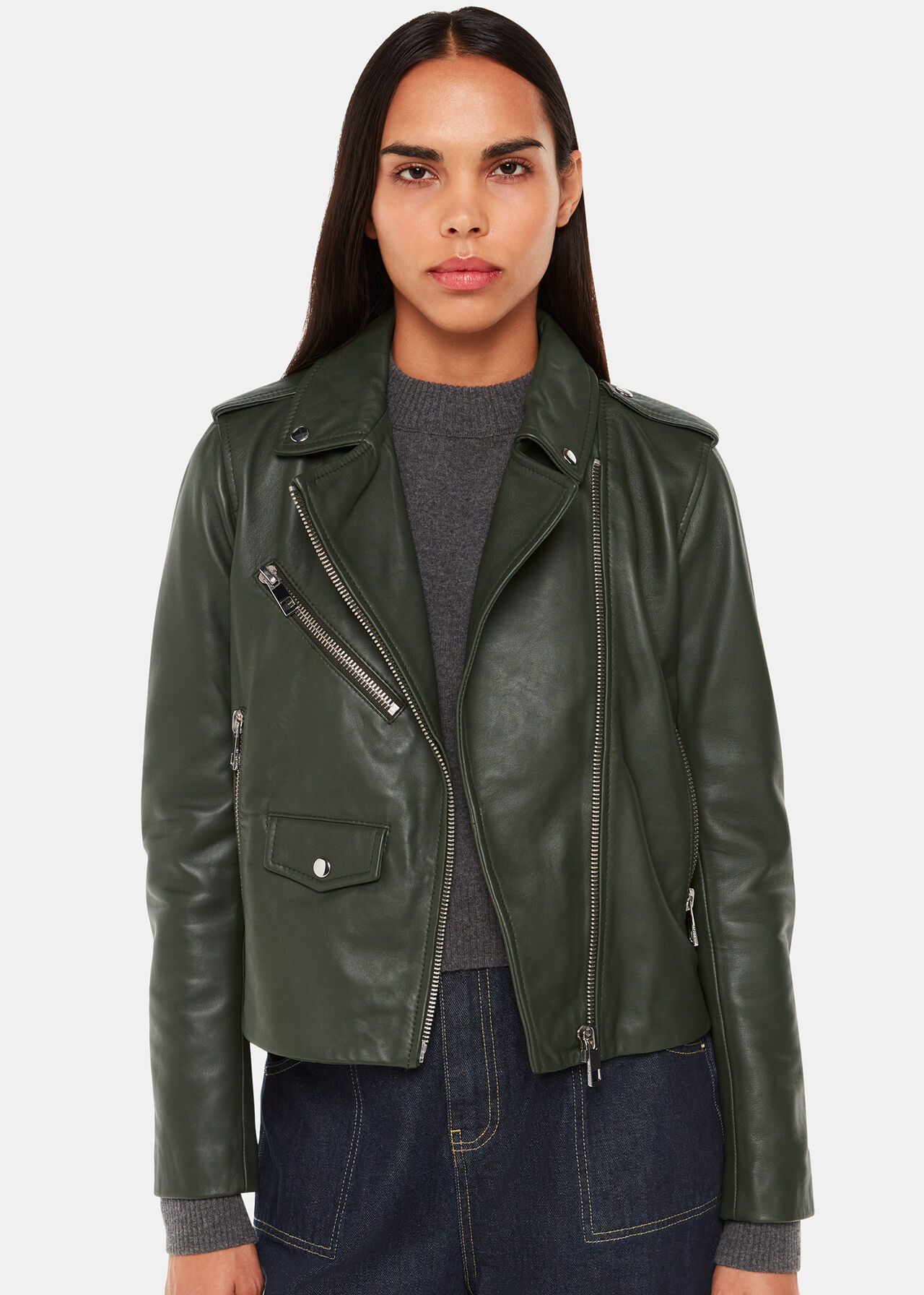 Dark Green Sheepskin Leather Biker Jacket | Whistles