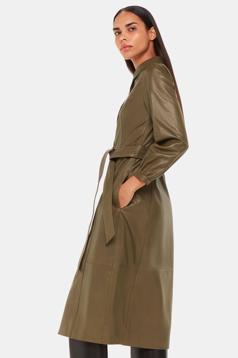 Phoebe Leather Shirt Dress Khaki