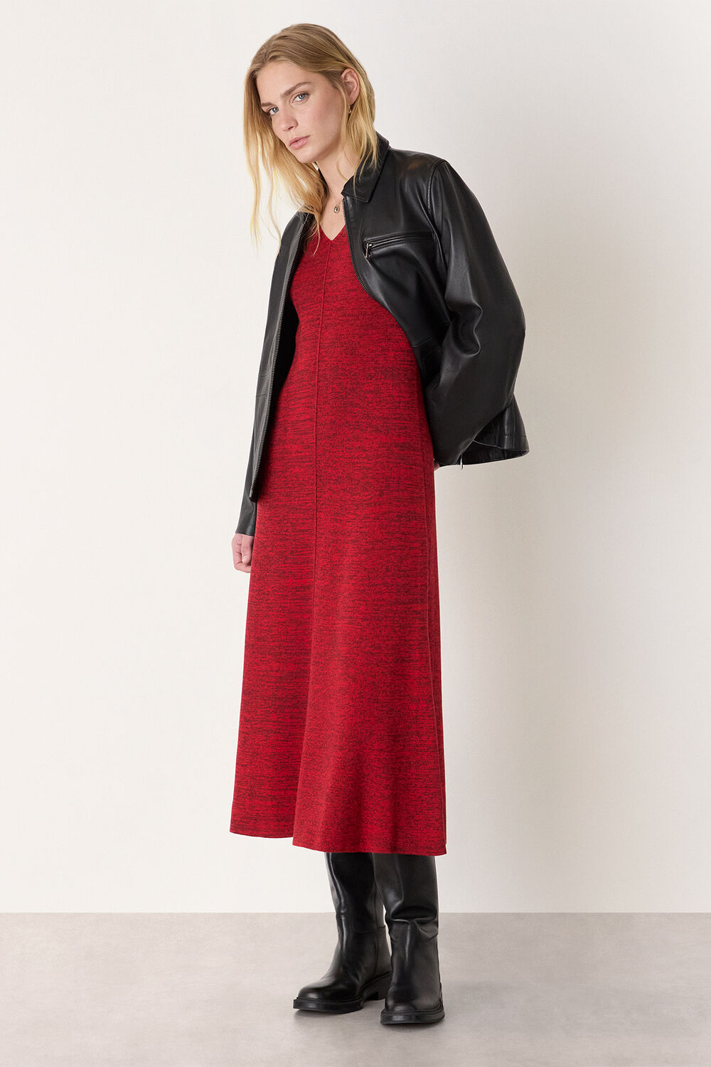 Red Melange Ribbed Midi Knit Dress