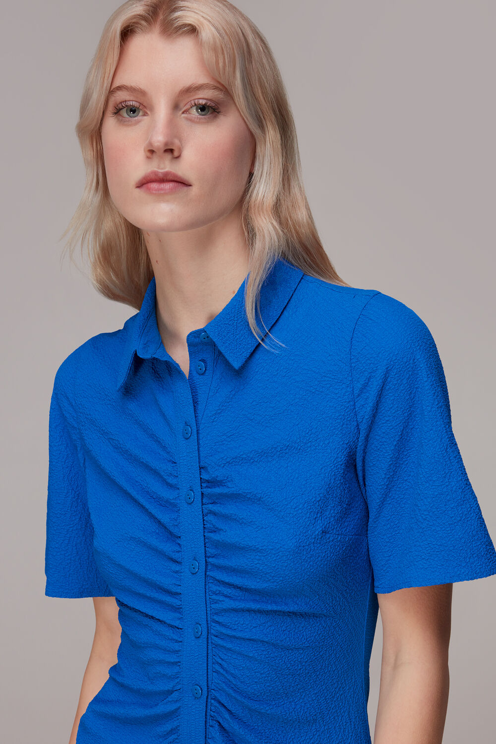Blue Textured Gathered Detail Dress