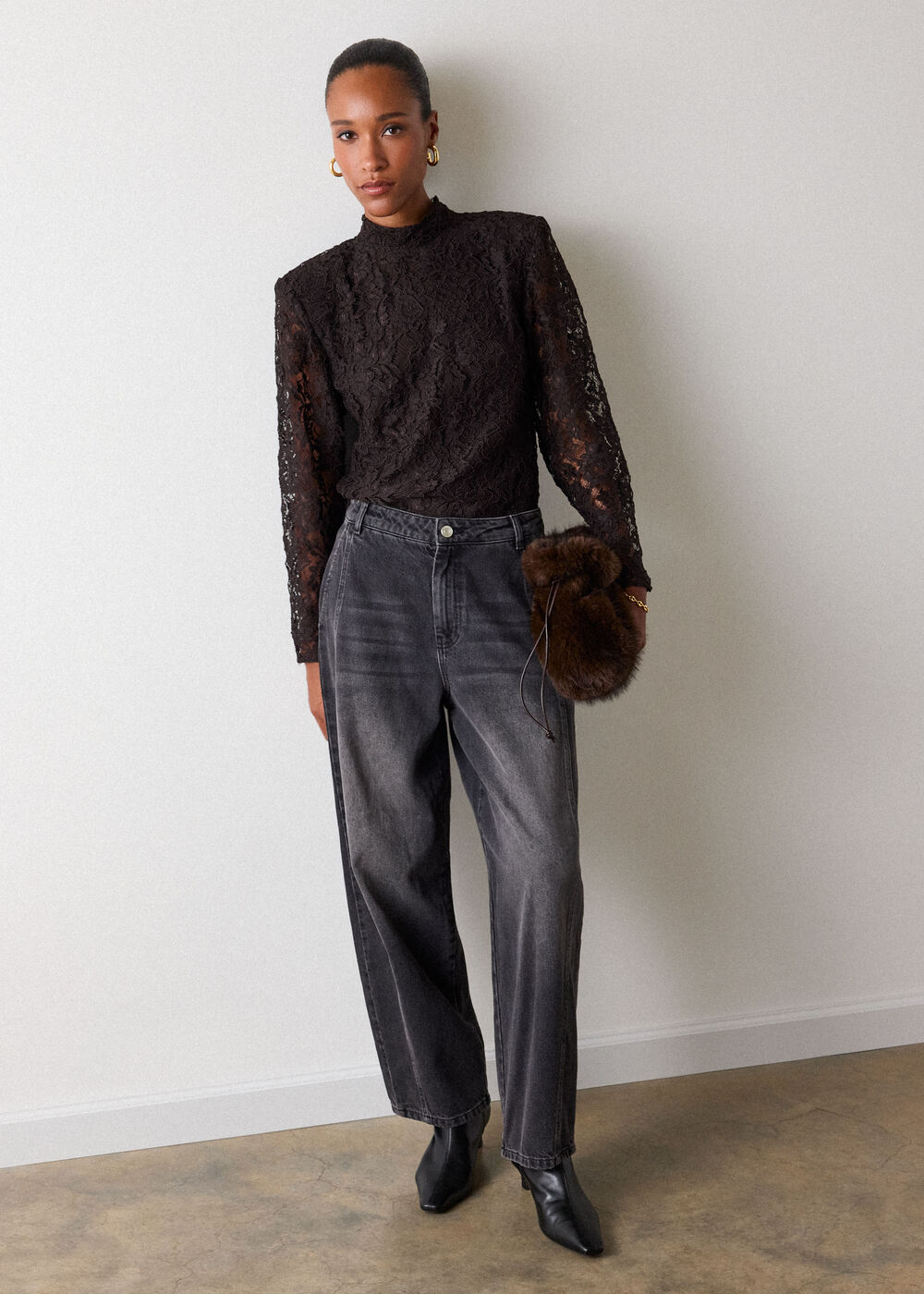 Chocolate Lace Power Shoulder Top