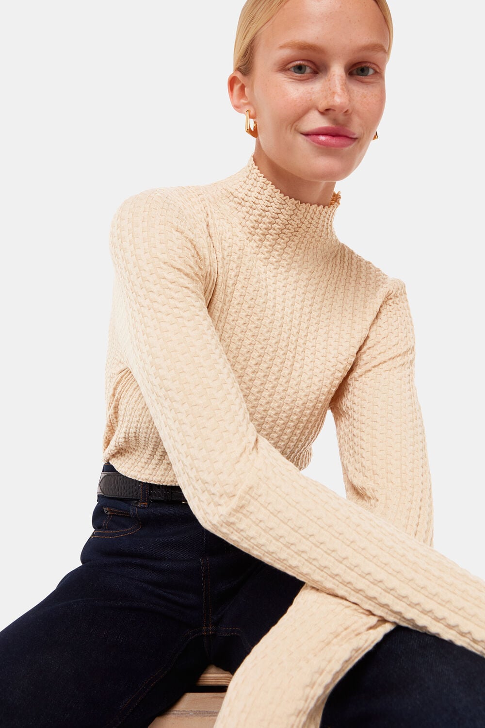 Ivory Textured High Neck Sweater