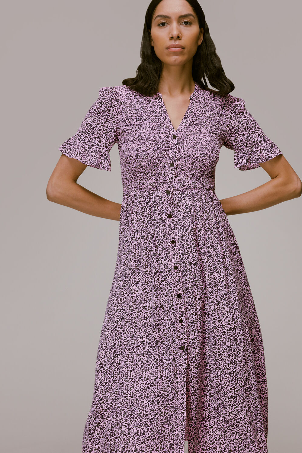 Pink Aria Flower Stamp Midi Dress