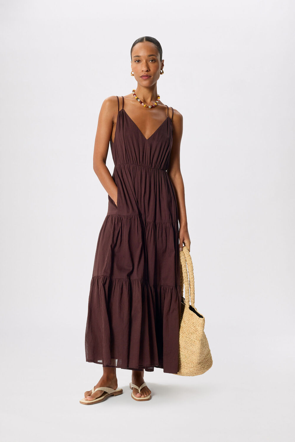 Brown Cotton Maxi V Neck Sundress