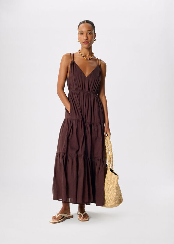 Brown Cotton Maxi V Neck Sundress
