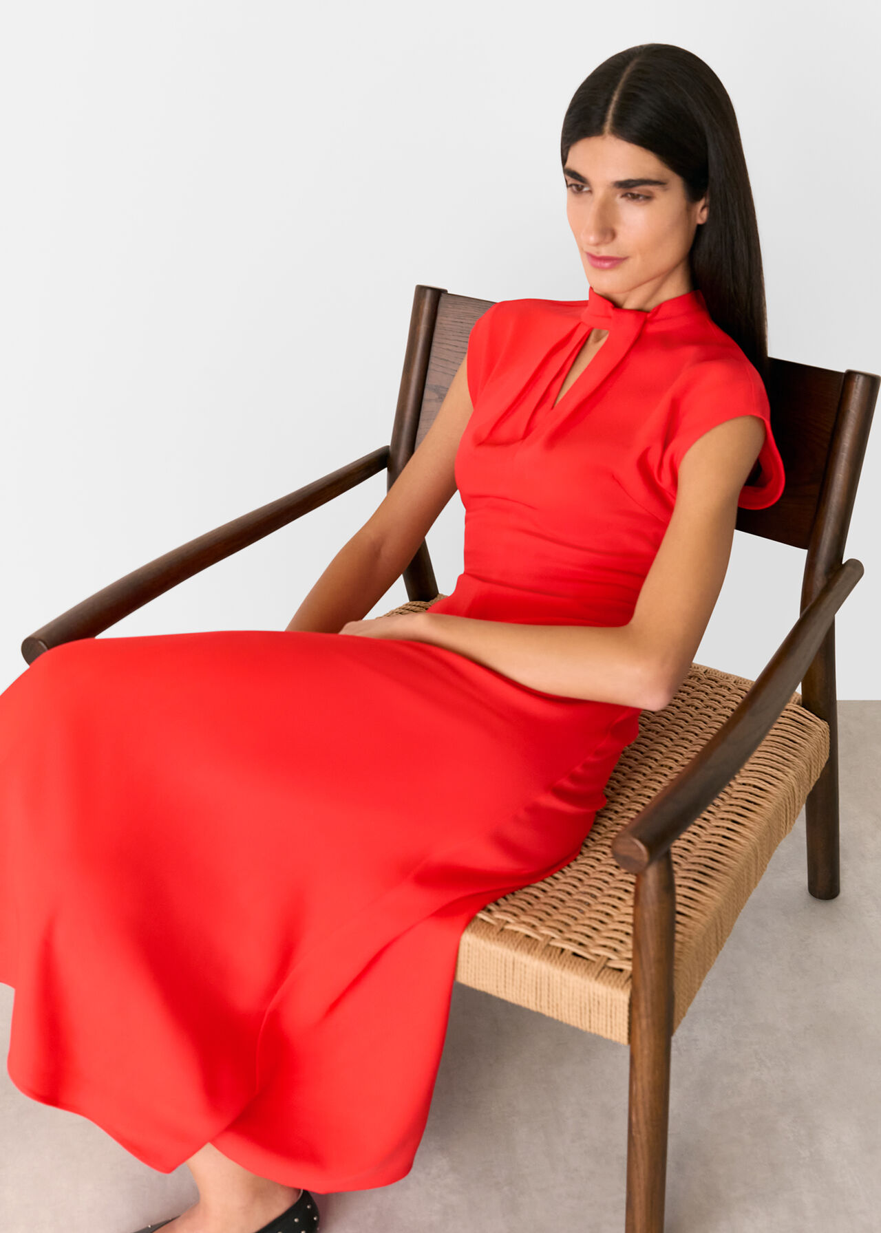 Twist Neck Crepe Midi Dress